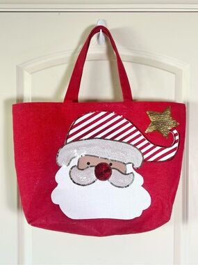 Hobby Lobby Sequin Santa Jute Tote Bag Christmas Holiday Red